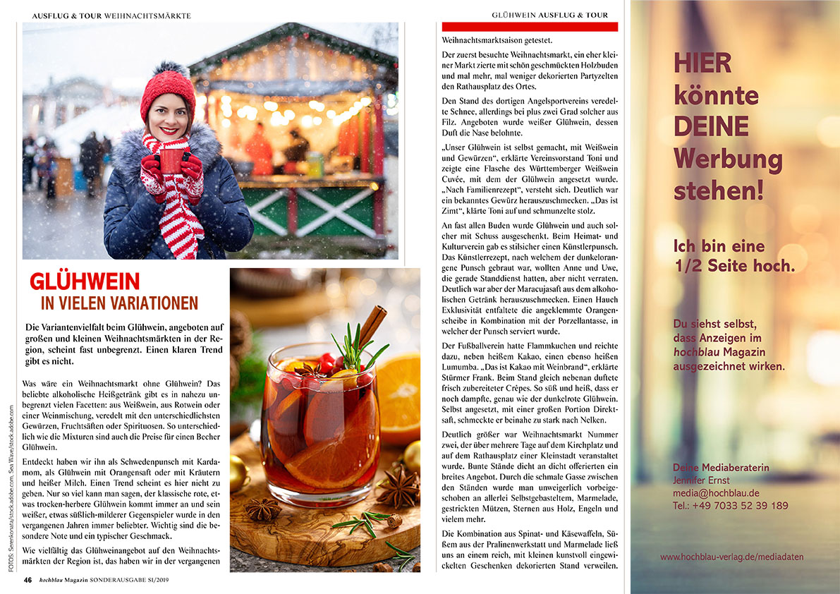 hochblau Magazin S1/2019 - Auszug Seiten 46-49: Weihnachtsmärkte: Glühwein in vielen Variationen.